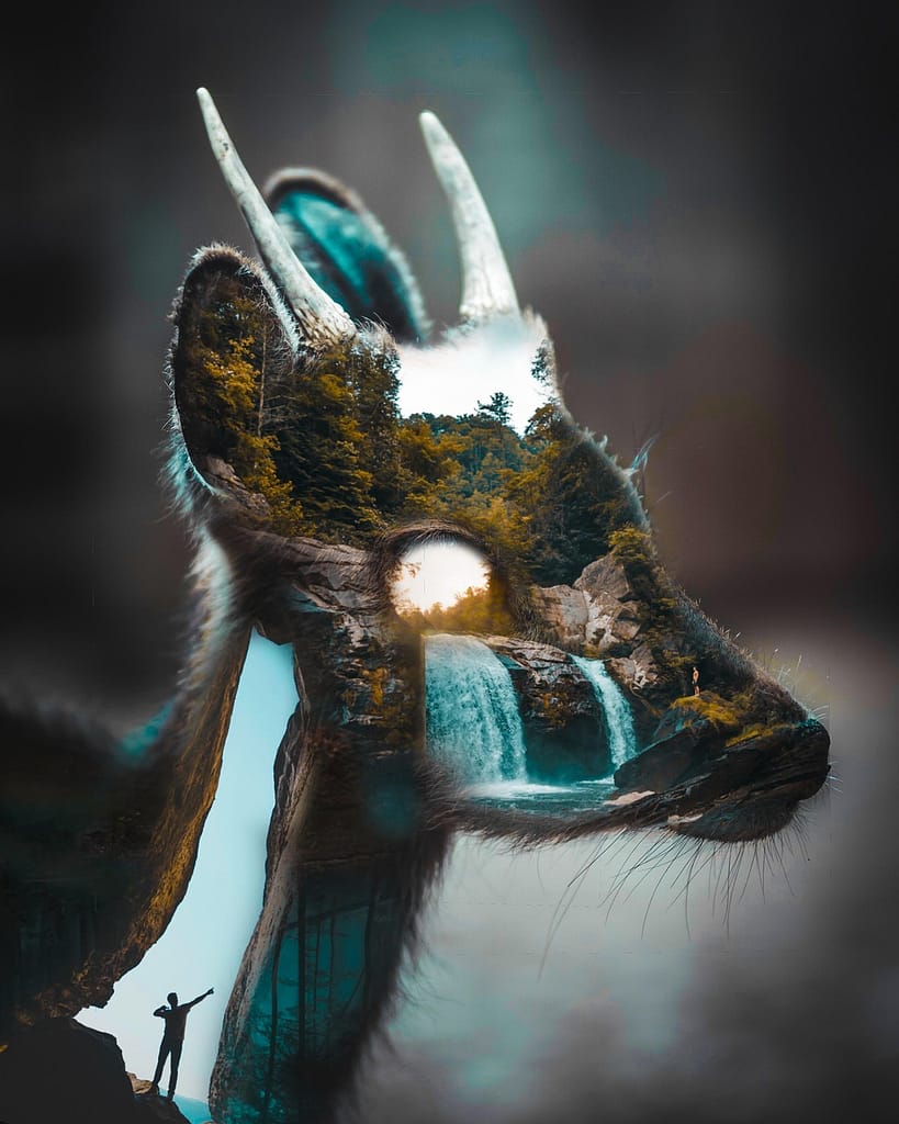 animal, nature, horns, human, surrealism, fantasy, photoshop, waterfall, green, trees